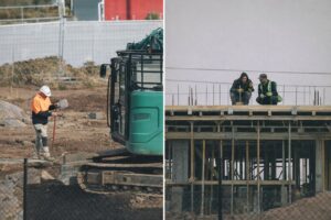 Byggarbetare och grävmaskin på en byggarbetsplats för markarbete.